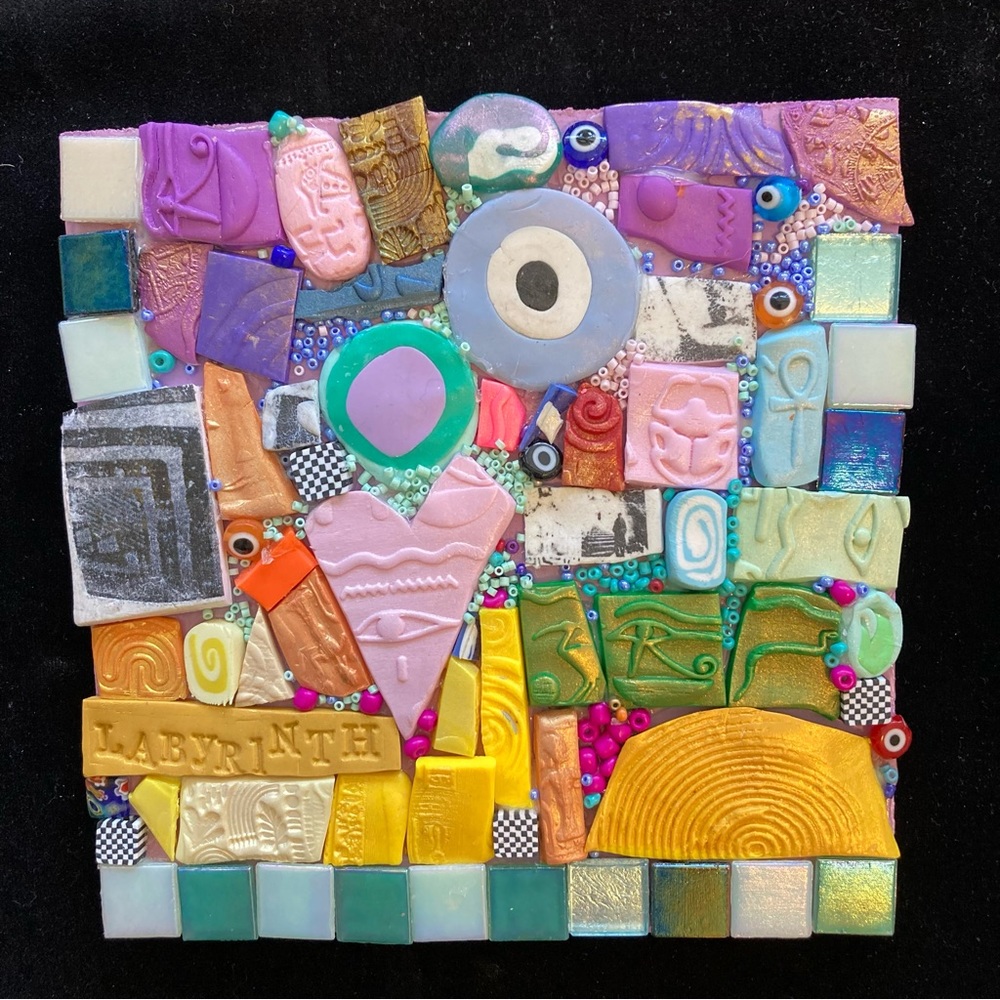 Handmade Clay Mosaic “Labyrinth “Polymer Clay &Glass Original On Wood 6”